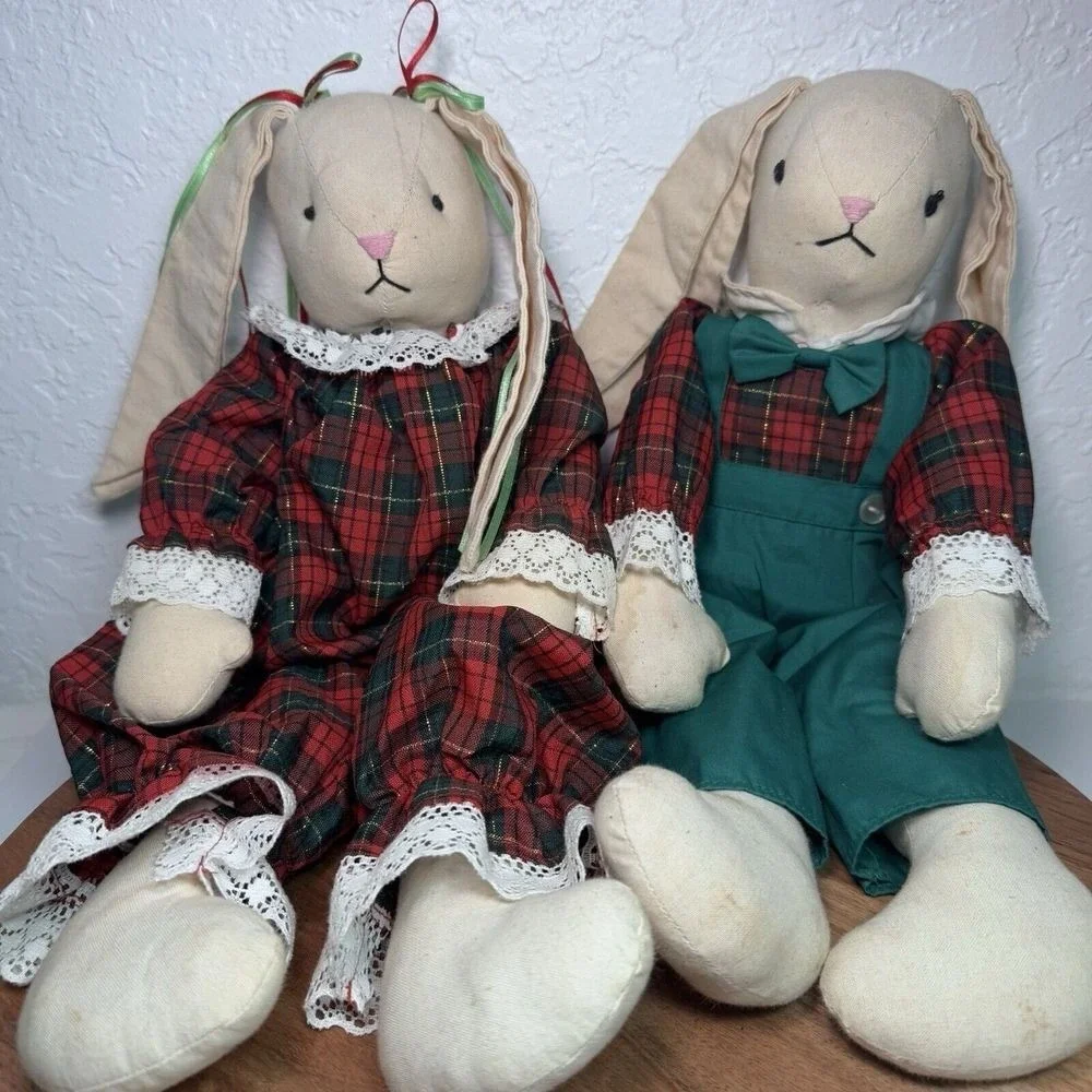Vintage Cotton Christmas‎ Bunny Dolls Boy Girl Plaid Outfit 17